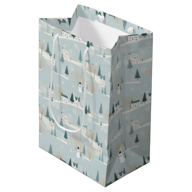 Sac Cadeau Moyen Snowy Blue Minimalist Christmas Village  (Devant Angle)
