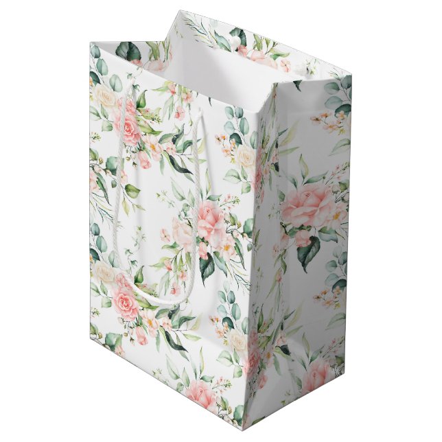 Sac Cadeau Moyen Soft Pastel Rose Rose Flower Motif (Devant Angle)