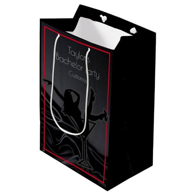 Sac Cadeau Moyen Soirée de célibataire silhouette de satin noir (Devant Angle)