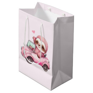 Sac Cadeau Moyen Sourire rose Sloth dans une convertible