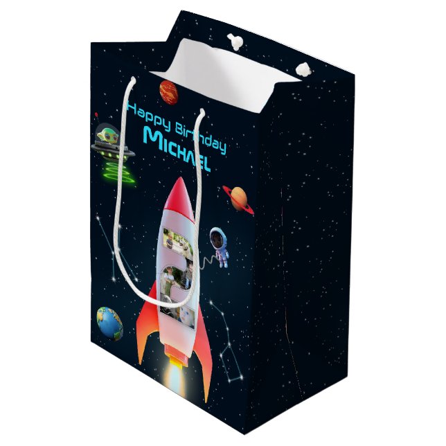Sac Cadeau Moyen Space Rocket 2e anniversaire | Immense Collage Pho (Devant Angle)