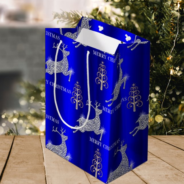 Sac Cadeau Moyen Sparkings Diamond Reindeer Silver Christmas Blue (Créateur téléchargé)