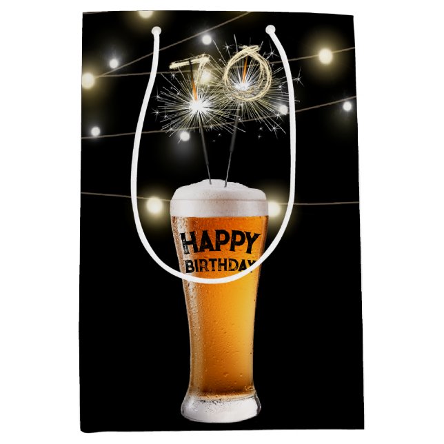 Sac Cadeau Moyen Sparklers En Verre De Bière 70e Anniversaire (Devant)
