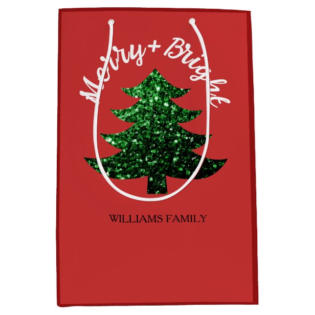 Sac Cadeau Moyen Sparkly Merry Bright Christmas tree Custom name (Devant)