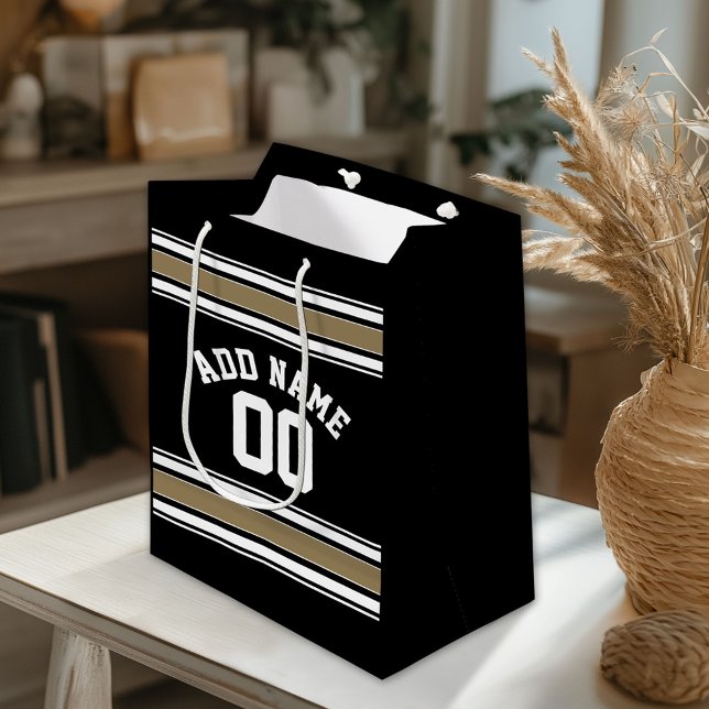 Sac Cadeau Moyen Sports Jersey Black and Gold Strips Nom Numéro (Custom Gift Bag)