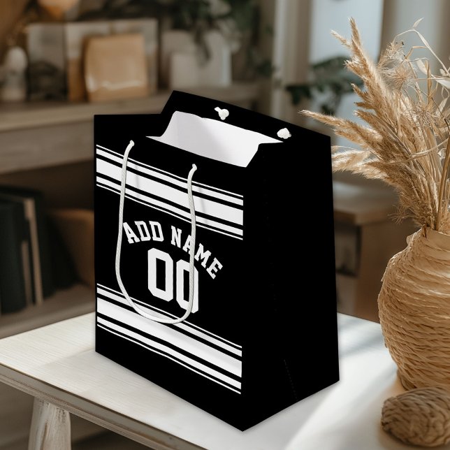 Sac Cadeau Moyen Sports Jersey Black and White Strips Nom Numéro (Custom Gift Bag)