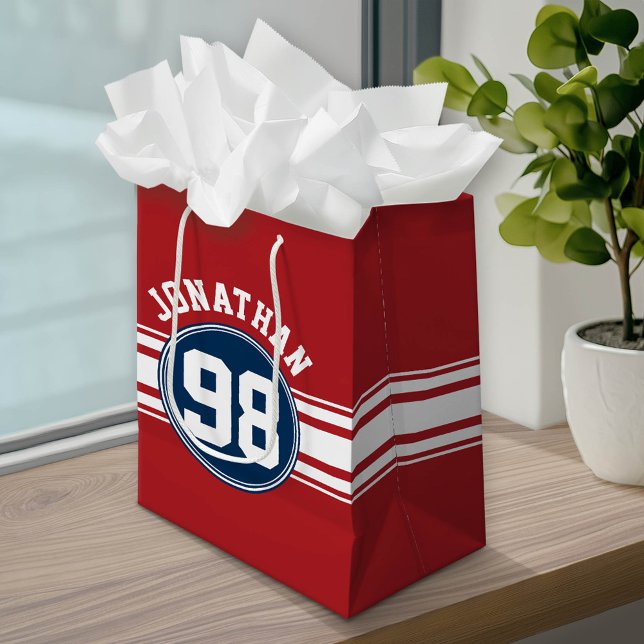 Sac Cadeau Moyen Sports Jersey Navy Blue & Red Stripes Nom Numéro (Custom Gift Bag)