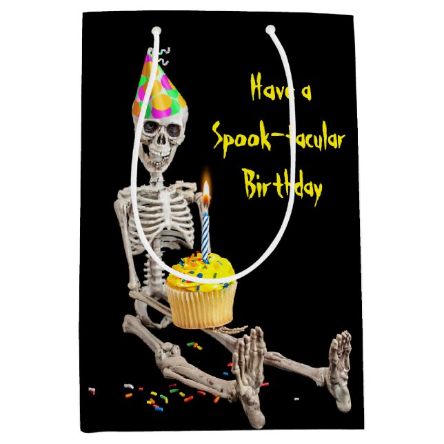Sac Cadeau Moyen Squelette D'Halloween Avec Gâteau D'Anniversaire (Devant)