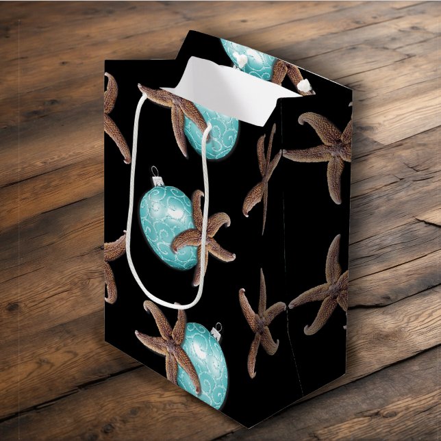 Sac Cadeau Moyen Starfish in Aqua Ornements Noir Noël (Créateur téléchargé)