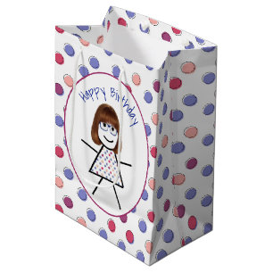 Sac Cadeau Moyen Stick Girl d'anniversaire en Pois