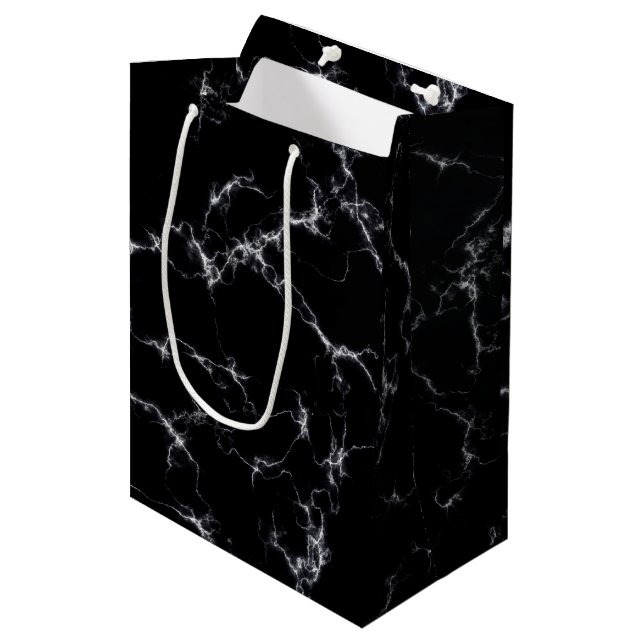 Sac Cadeau Moyen Style marbre élégant4 - Noir et blanc (Devant Angle)