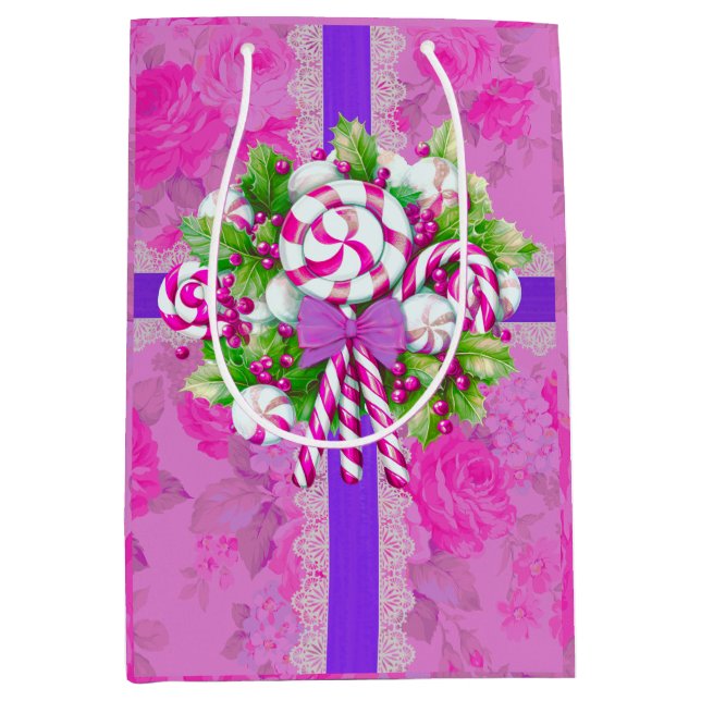 Sac Cadeau Moyen Sucre de canne de Noël pourpre (Devant)