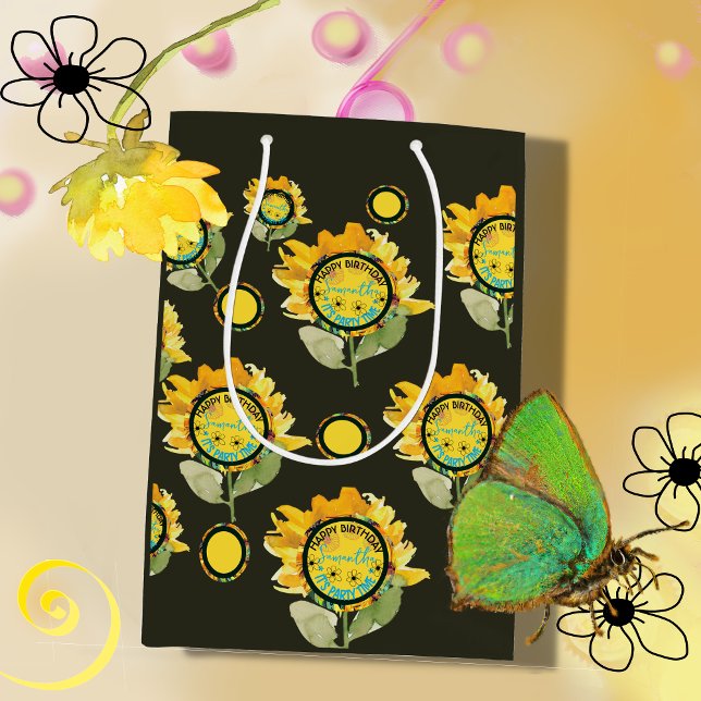 Sac Cadeau Moyen Sunflower Jaune noire fille Anniversaire (Sunflower Yellow black Girl Birthday Medium Gift Bag)