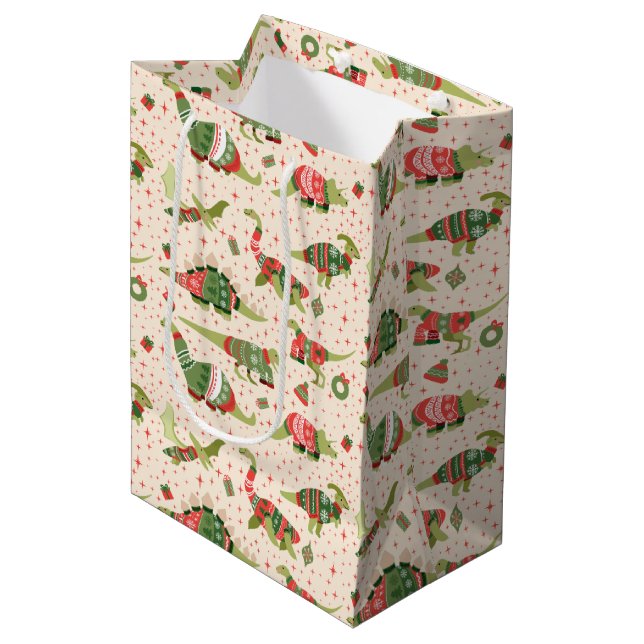 Sac Cadeau Moyen Sweaters de Noël de mignons dinosaures (Devant Angle)