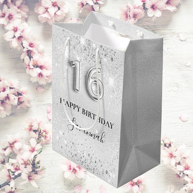 Sac Cadeau Moyen Sweet 16 argent parties scintillant de poussière m (Créateur téléchargé)