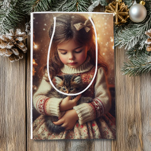 Sac Cadeau Moyen Sweet Little Girl and Kitten Christmas