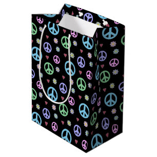 Sac Cadeau Moyen Symbole de paix, Fleurs & Coeurs