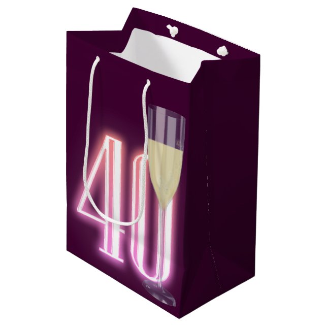 Sac Cadeau Moyen Symbole du 40e anniversaire de Neon avec du vin (Devant Angle)