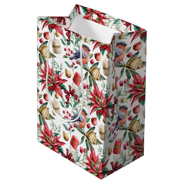 Sac Cadeau Moyen Symboles de Noël avec Poinsettia avec Robin Rouge (Dos Angle)