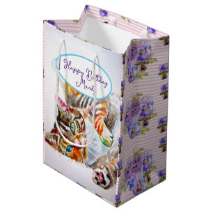 Sac Cadeau Moyen Tabby Chat Chats Cute Aquarelle Femme Nom