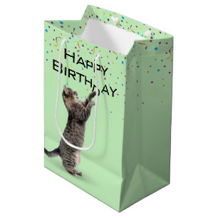 Sac Cadeau Moyen Tabby Chat d'anniversaire avec Confetti