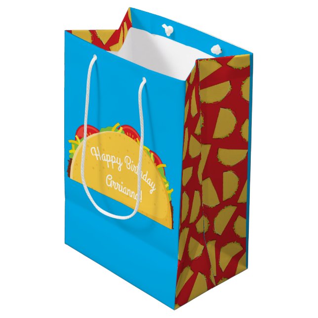 Sac Cadeau Moyen Taco Anniversaire Fête Nourriture Mexicaine (Devant Angle)