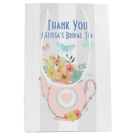 Sac Cadeau Moyen Teapot rose avec Fleurs et Papillons Merci