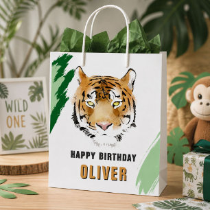 Sac Cadeau Moyen Tête de Tigre Aquarelle Animal Joyeux Anniversaire
