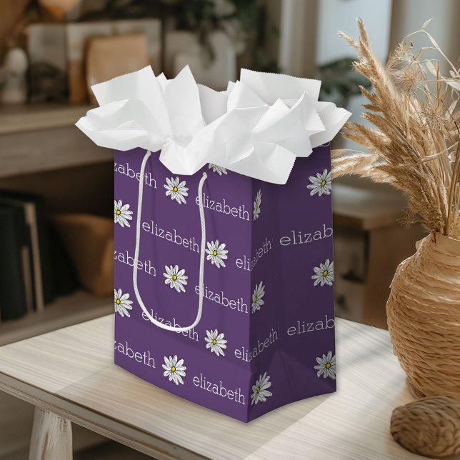 Sac Cadeau Moyen Texte personnalisé marguerite mauve et jaune (Custom Gift Bag)
