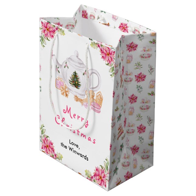 Sac Cadeau Moyen Thé de Noël rose Joyeux Noël (Dos Angle)