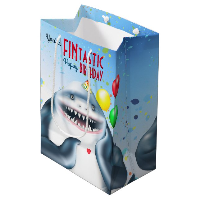 Sac Cadeau Moyen Thème de requin Anniversaire de enfant Fintastic (Devant Angle)