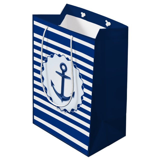 Sac Cadeau Moyen Thème marin Bleu et Blancs avec Ancre (Dos Angle)