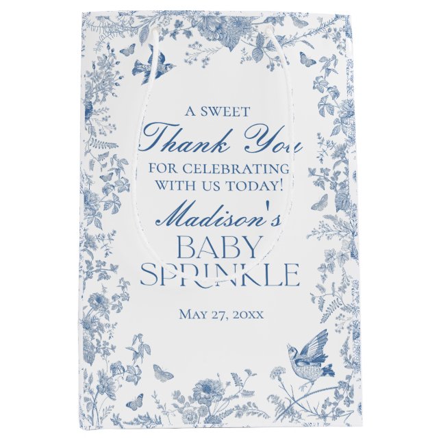 Sac Cadeau Moyen Toile Bleue De Jouy Baby Sprinkle Faveurs (Devant)