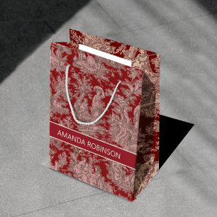Sac Cadeau Moyen Toile de Jouy Rouge Rose Élégante Vintage Français