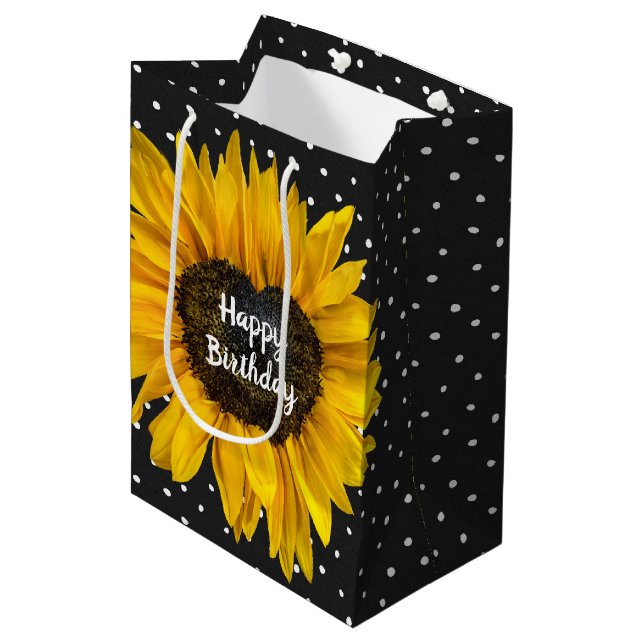 Sac Cadeau Moyen Tournesol Coeur Anniversaire En Pois (Devant Angle)
