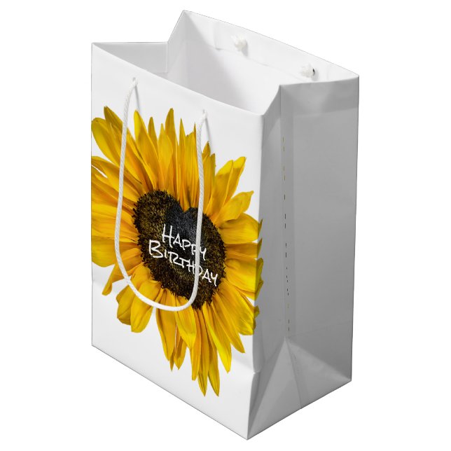 Sac Cadeau Moyen Tournesol du coeur à l'anniversaire blanc (Devant Angle)