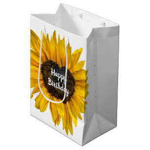 Sac Cadeau Moyen Tournesol du coeur à l'anniversaire blanc