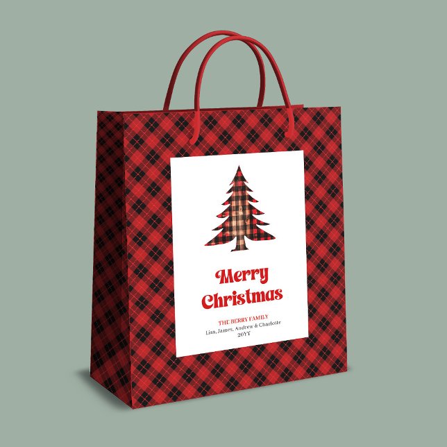 Sac Cadeau Moyen Trendy red black plaid Christmas bag editable name (Trendy red black plaid Christmas bag editable name)