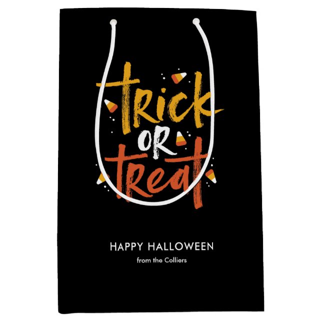 Sac Cadeau Moyen Tricoter ou traiter l'Halloween du maïs bonbon (Devant)