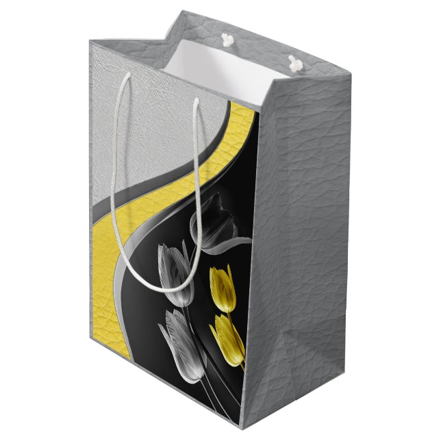 Sac Cadeau Moyen Tulipes gris et jaunes sur texture (Dos Angle)