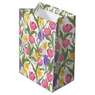 Sac Cadeau Moyen Tulipes roses, jonquilles jaunes, jacinthes violet