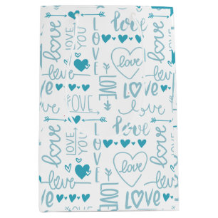 Sac Cadeau Moyen Turquoise Amusement et Amour Moderne et Coeurs
