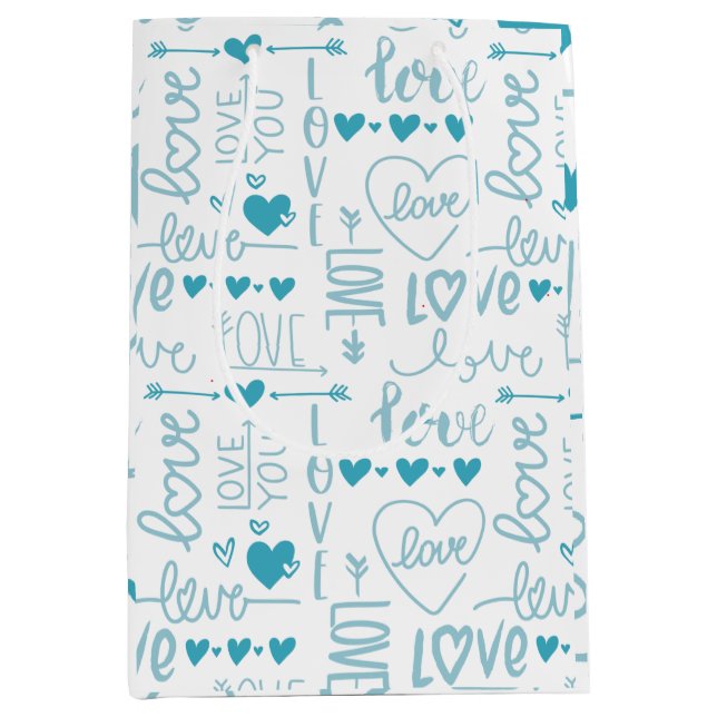 Sac Cadeau Moyen Turquoise Amusement et Amour Moderne et Coeurs (Devant)