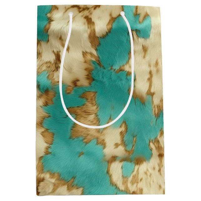 Sac Cadeau Moyen Turquoise Brown Cream Animal Cowhide Western (Devant)
