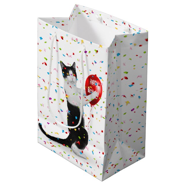 Sac Cadeau Moyen Tuxedo Chat Avec Balcon D'Anniversaire (Devant Angle)