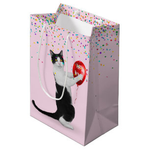 Sac Cadeau Moyen Tuxedo Chat avec Confetti et Ballons d'Anniversair
