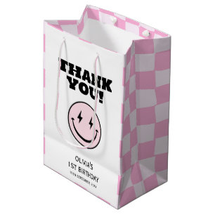Sac Cadeau Moyen Un bon bébé rose À damiers anniversaire