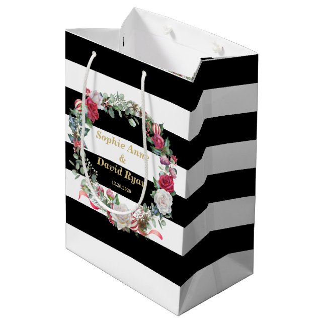 Sac Cadeau Moyen Vacances d'hiver Floral Wreath Stripes Mariage (Dos Angle)