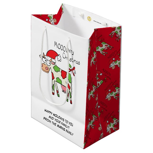 Sac Cadeau Moyen Vache Drôle Caricature Noël (Devant Angle)