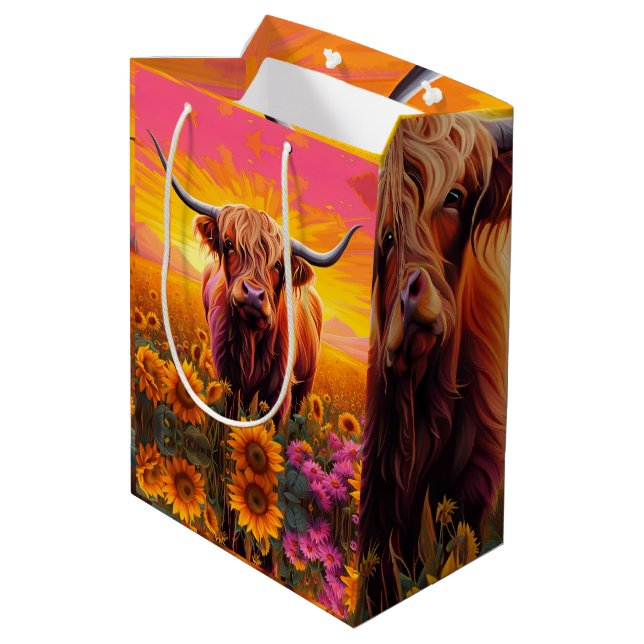 Sac Cadeau Moyen Vache Highland dans les tournesols à Sunrise (Dos Angle)